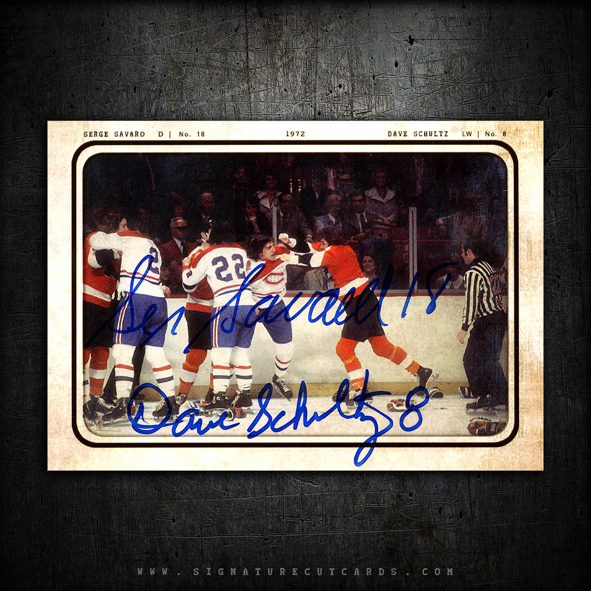 Serge Savard Vs. Dave Schultz Montreal Canadiens & Philadelphia Flyers AP Wirephoto Authentic Hand Signed Card