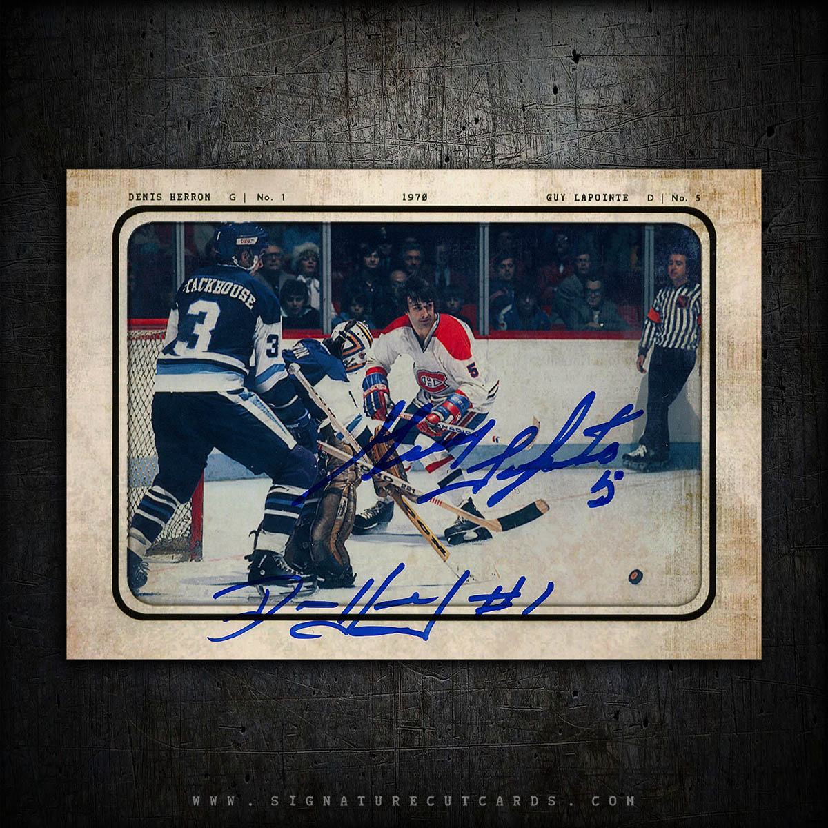 Denis Herron & Guy Lapointe Pittsburgh Penguins Vs. Montreal Canadiens AP Wirephoto Authentic Hand Signed Card