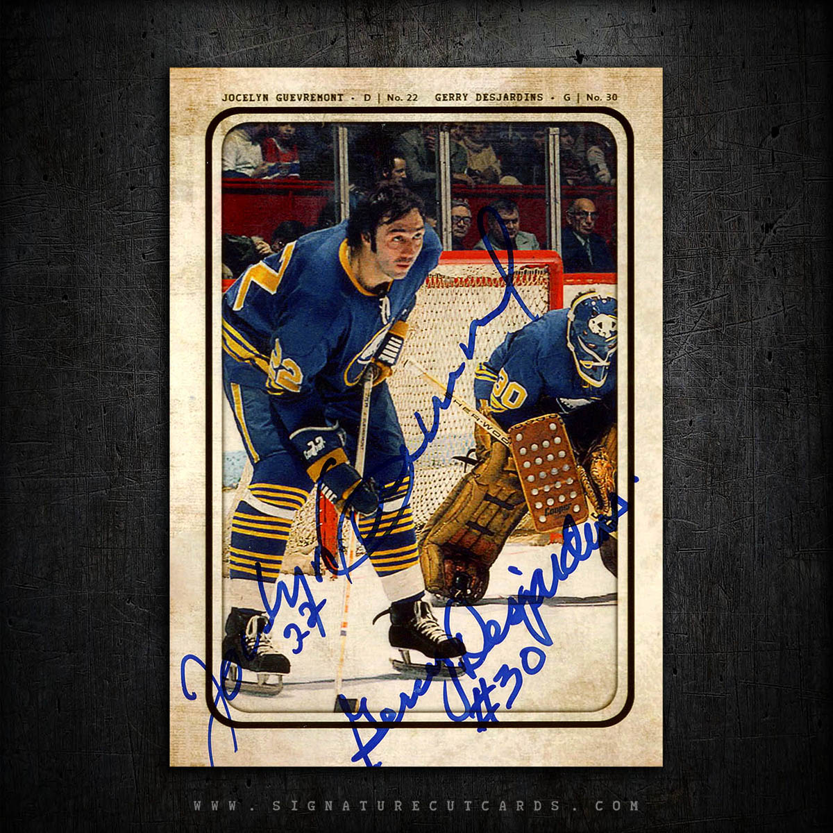 Jocelyn Guevermont & Gerry Desjardins Buffalo Sabres AP Wirephoto Authentic Hand Signed Card