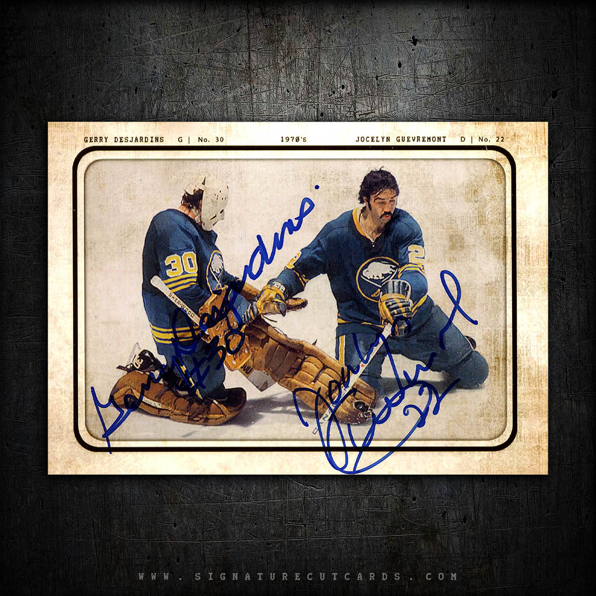 Gerry Desjardins & Jocelyn Guevermont Buffalo Sabres AP Wirephoto Authentic Hand Signed Card