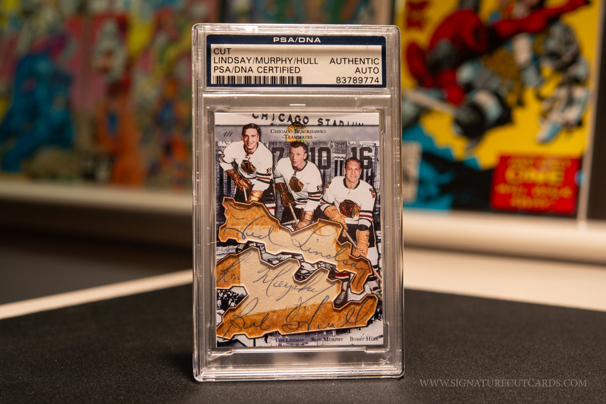 Ted Lindsay, Ron Murphy & Bobby Hull Chicago Blackhawks Triple Signed Signature Cut Card Slabbed by PSA/DNA